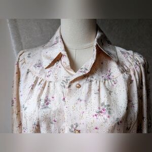 VTG Adelaar 12 Made In USA Button Down Polyester Satin Purple Floral Cream Pink